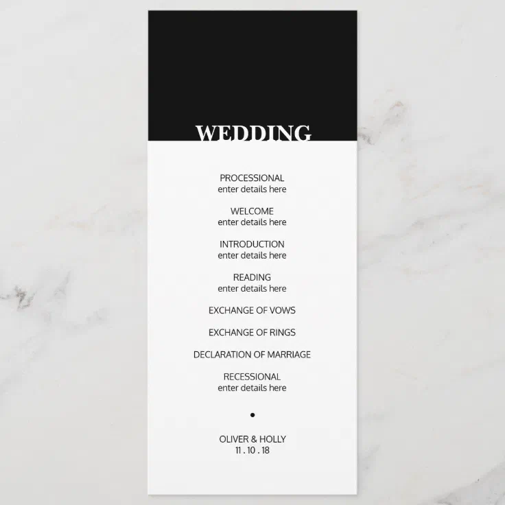 Simple black and white wedding program | Zazzle