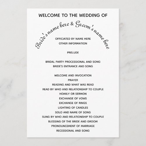 Simple black and white wedding program