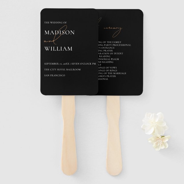 Simple Black and White Wedding Program Hand Fan (Front and Back)