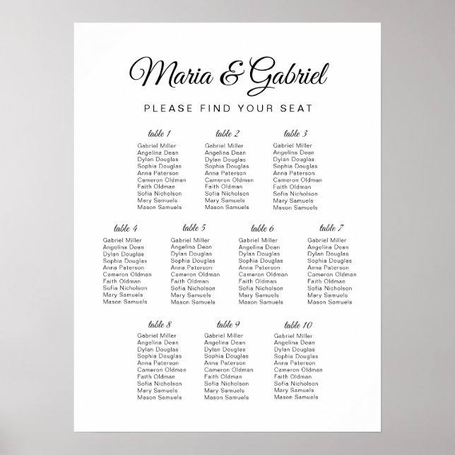 Simple black and white. Wedding Seating Chart (Front)