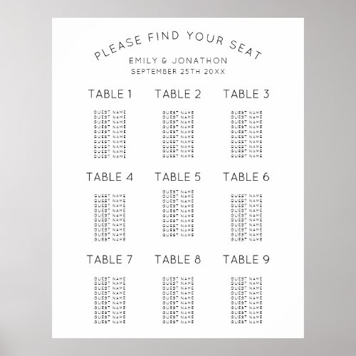 Simple Black and White Wedding Seating Chart