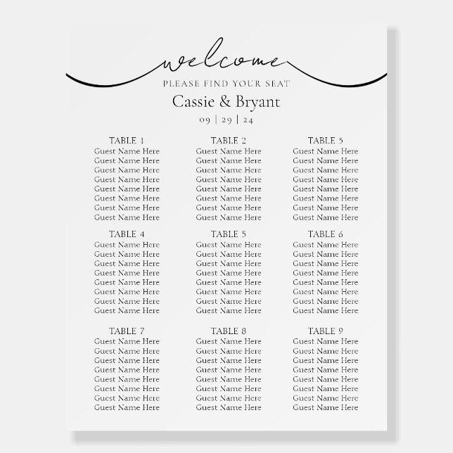 Simple Black and White Wedding Seating Chart Foam Board (Front)