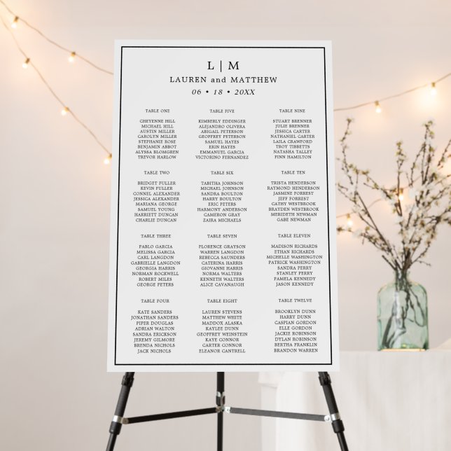 Simple Black and White Wedding  Seating Chart Foam Board (In Situ (Stand))