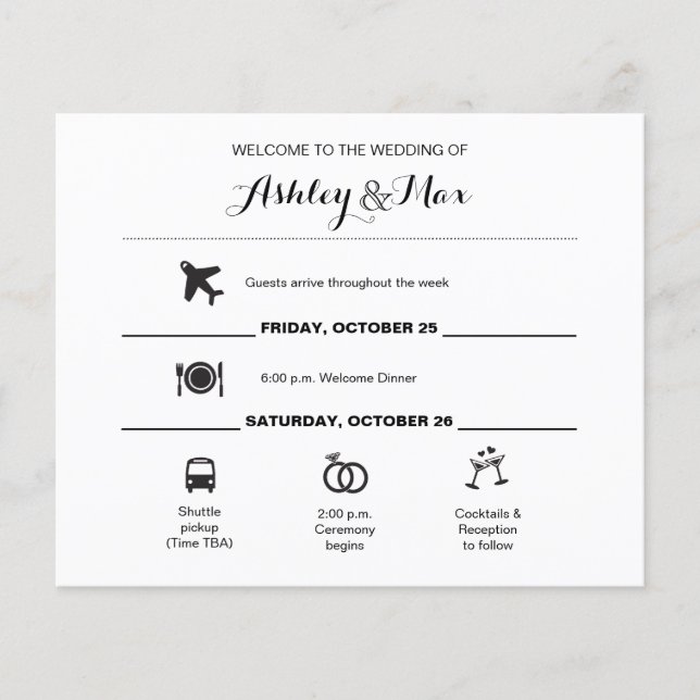 Simple Black and White Wedding Weekend Itinerary (Front)