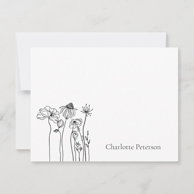 Simple Black And White Wildflower  Note Card (Front)