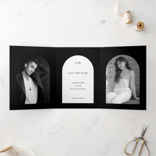 Simple Black Arch Modern Wedding Save the Date Tri_Fold Announcement