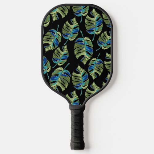 Simple black background and tropical leaves pickleball paddle
