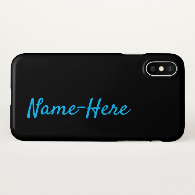 Simple Black Background w/ Deep Sky Blue Name iPhone Case (Back (Horizontal))