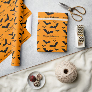 Simple Black Bat Silhouettes On Orange Halloween Wrapping Paper