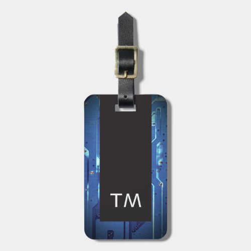 Simple Black Blue Circuit Board Monogram Luggage Tag