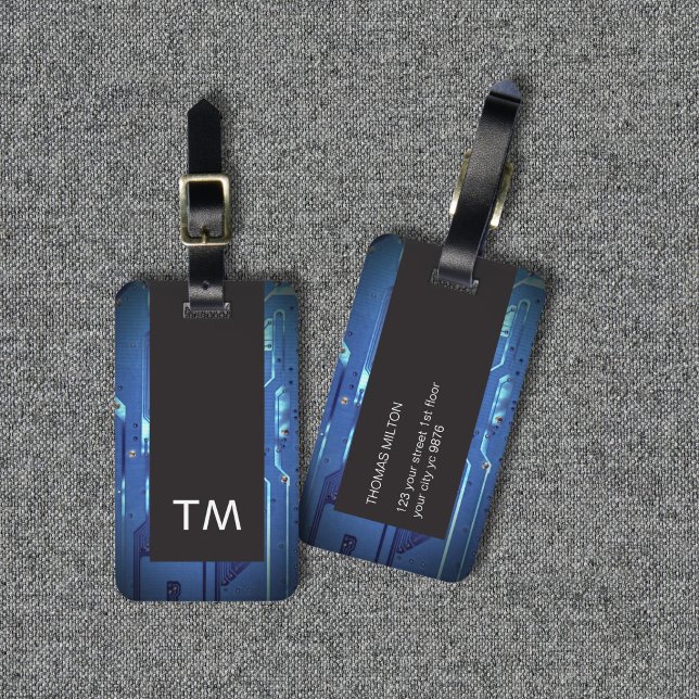 Simple Black Blue Circuit Board Monogram Luggage Tag (Creator Uploaded)