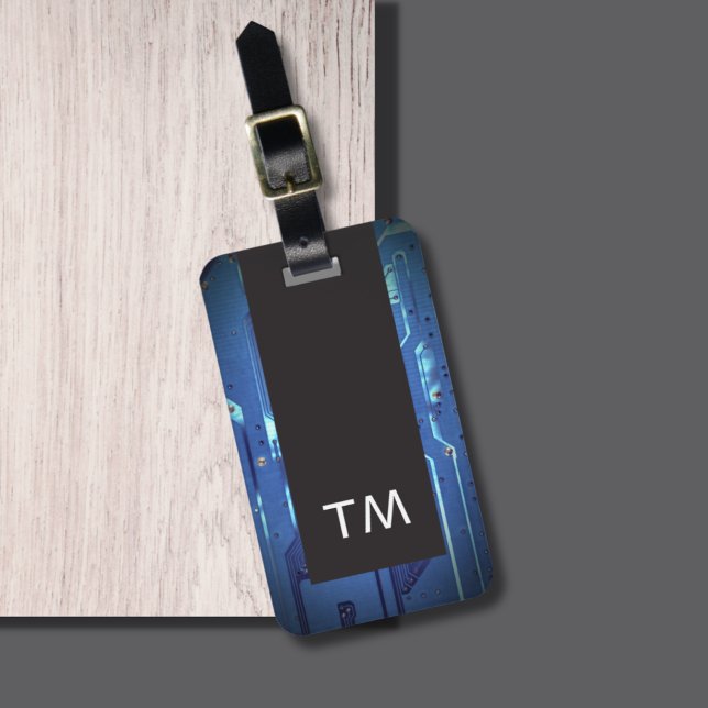 Simple Black Blue Circuit Board Monogram Luggage Tag (Creator Uploaded)