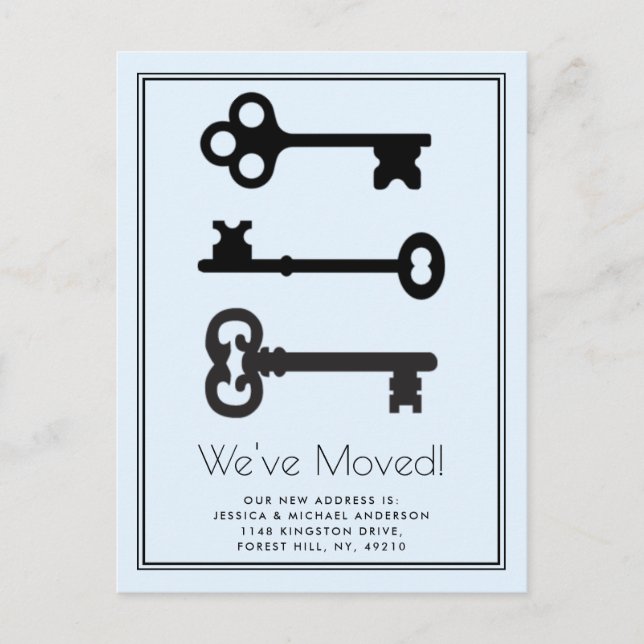 Simple Black Blue Minimal Key Moving Announcement Postcard (Front)