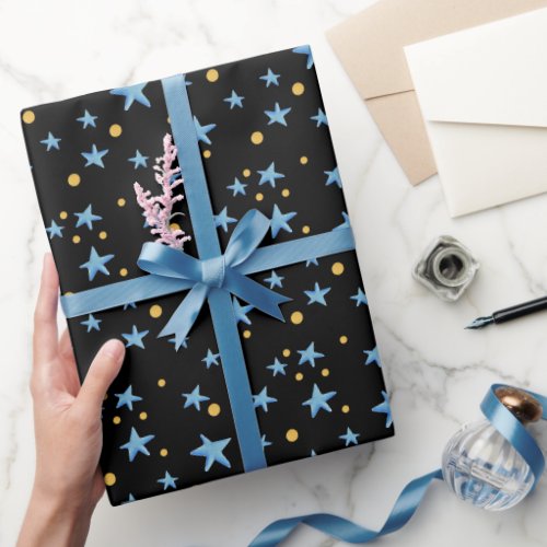 Simple Black Blue Stars Illustrated Pattern  Wrapping Paper