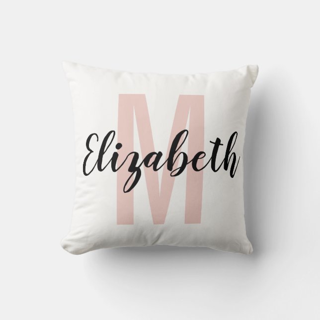 Simple Black Blush Pink Hand Script Monogram Throw Pillow (Front)