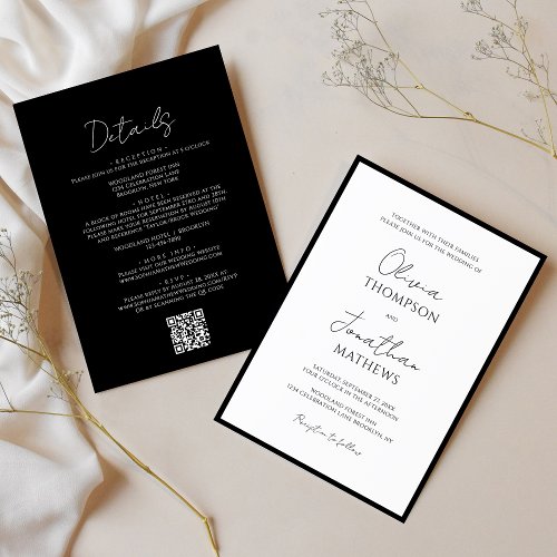 Simple Black Border White Script QR Code Wedding Invitation