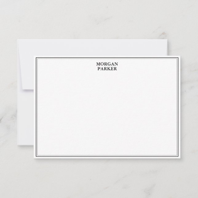 Simple Black Border with Name Stationery Note Card (Front)