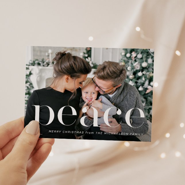 Simple Black Botanical Peace One Photo Christmas Invitation (Creator Uploaded)