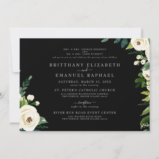 Simple Black Both Parents White Floral Wedding  Invitation (Front)