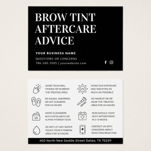 Simple Black Brow Tint Aftercare Instructions Card