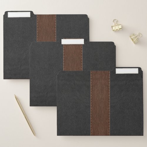 Simple Black  Brown Stitched Faux Leather File Folder