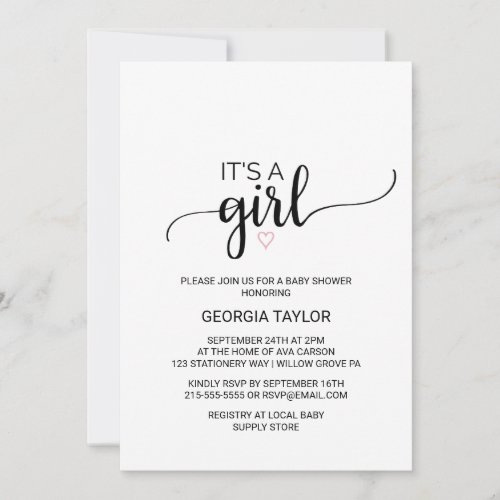 Simple Black Calligraphy  Blush Pink  Its A Girl Invitation