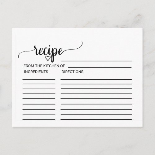 Simple Black Calligraphy Bridal Shower Recipe Card