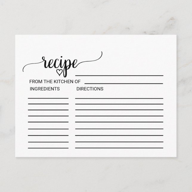 Simple Black Calligraphy Bridal Shower Recipe Card (Front)