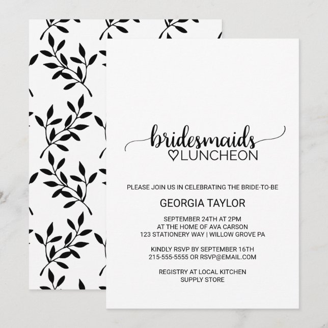 Simple Black Calligraphy Bridesmaids Luncheon Invitation (Front/Back)