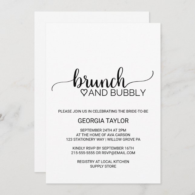 Simple Black Calligraphy Brunch and Bubbly Invitation (Front/Back)