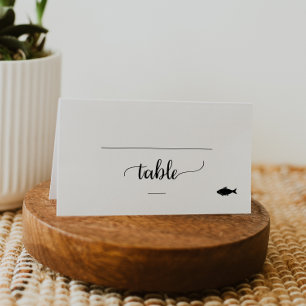 Simple Black Calligraphy Fish Meal Option Wedding Place Card