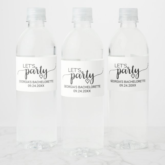Simple Black Calligraphy Let's Party Bachelorette Water Bottle Label (Bottles)