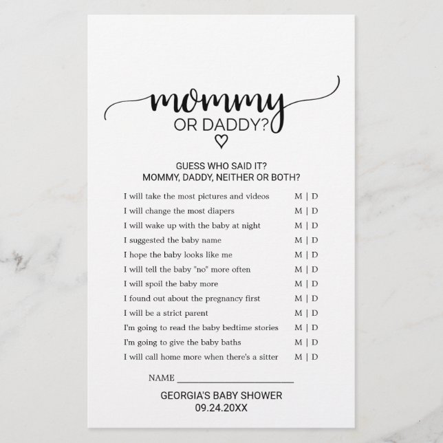 Simple Black Calligraphy Mommy or Daddy Game (Front)