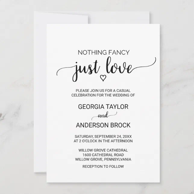 Simple Black Calligraphy Nothing Fancy Just Love Invitation | Zazzle