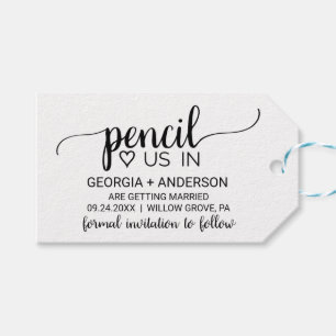 Simple Black Calligraphy Pencil Save the Date Gift Tags