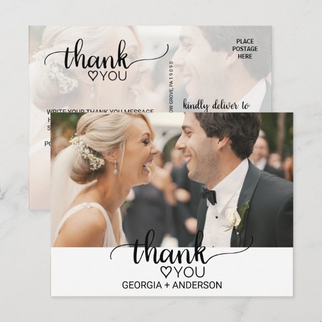 Simple Black Calligraphy Photo Thank You Postcard (Front/Back)