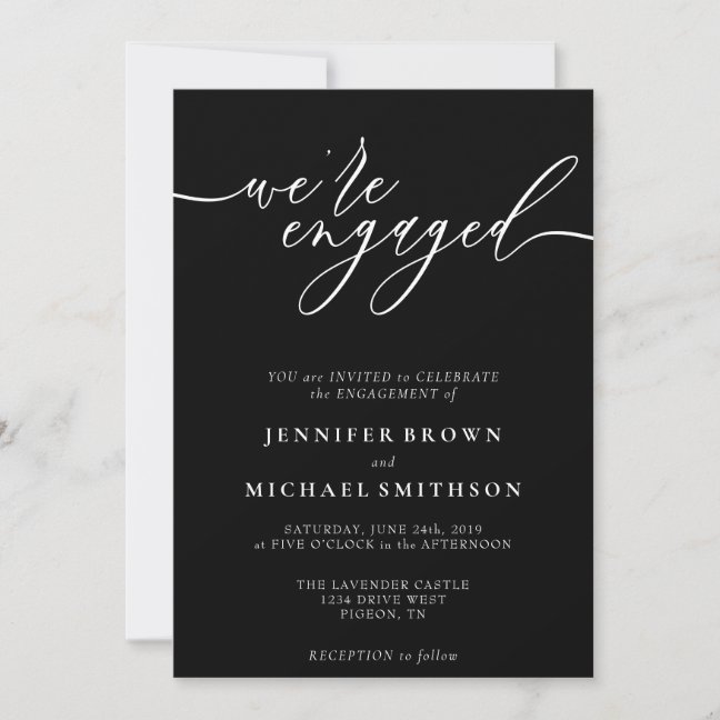 Simple black calligraphy we are engaged invitation