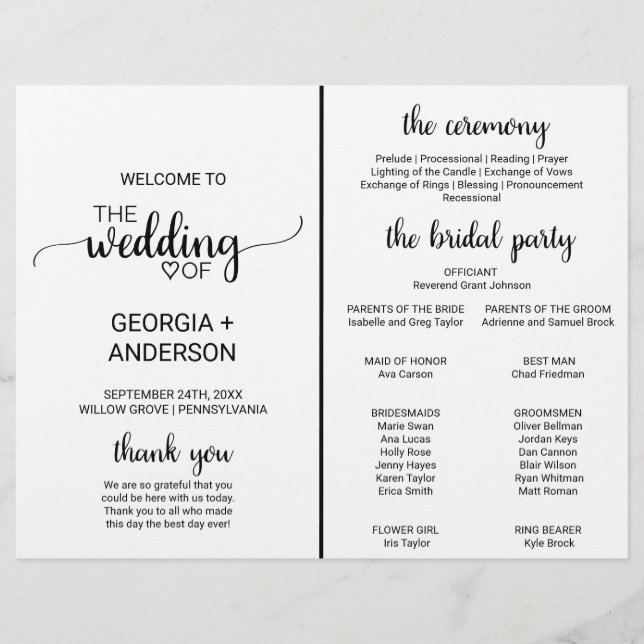 Simple Black Calligraphy Wedding Program Fan (Front)