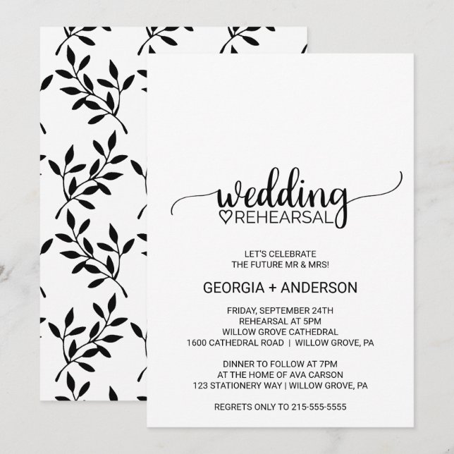 Simple Black Calligraphy Wedding Rehearsal Invitation (Front/Back)