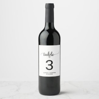 Simple Black Calligraphy Wedding Table Number Wine Label