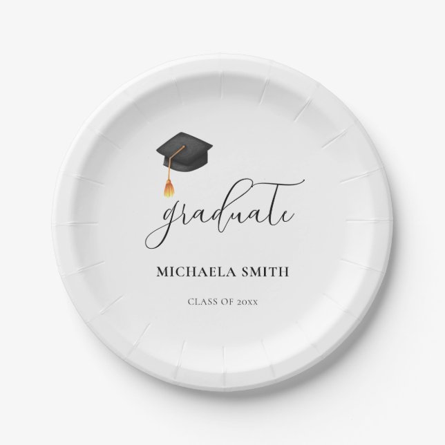 Simple Black Cap Script High School Graduate Paper Plates (Front)