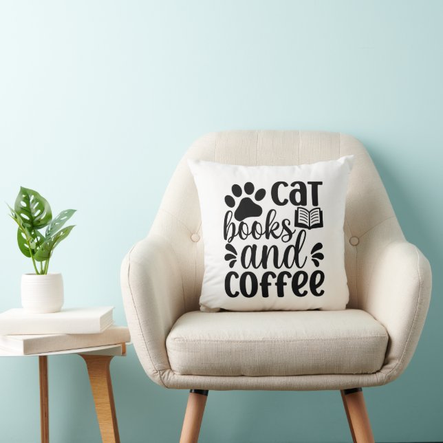 Simple Black "Cat Books and Coffee" Lover Gift Throw Pillow (Chair)