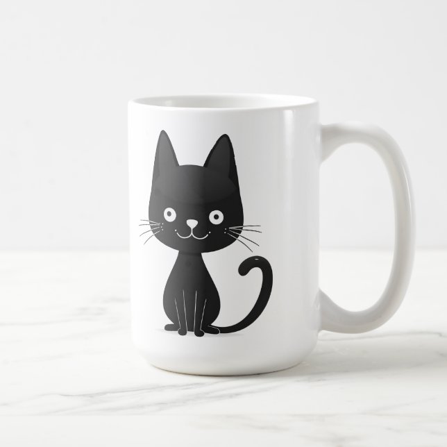 Simple Black Cat Illustration Cute Kawaii Cat Coffee Mug (Right)