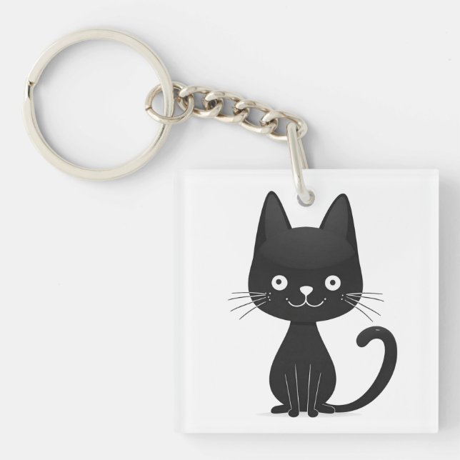 Simple Black Cat Illustration Cute Kawaii Cat Keychain (Front)