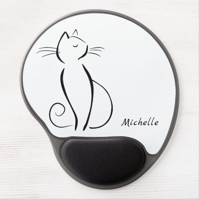 Simple black cat on white add name gel mouse pad (Front)