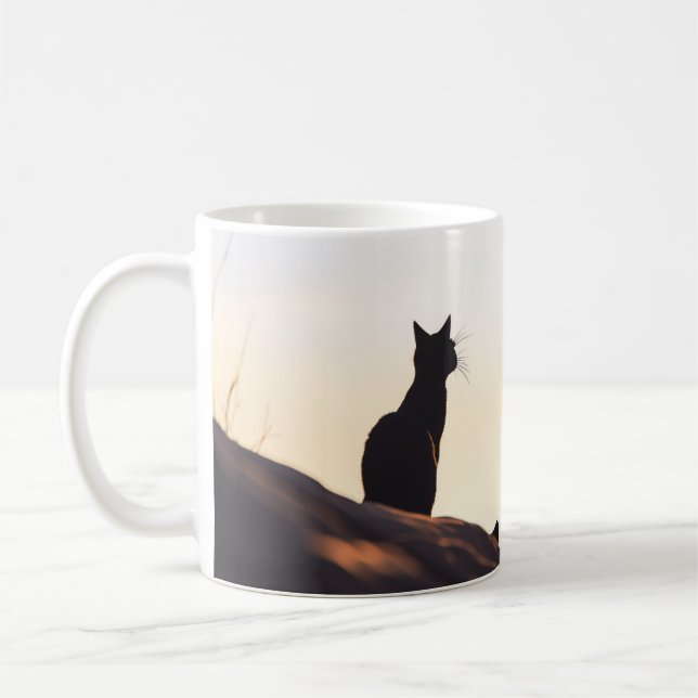 Simple Black Cat Silhouette Sunset Sky Custom Coffee Mug (Left)