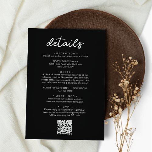 Simple Black Chic Script QR Code Wedding Details Enclosure Card