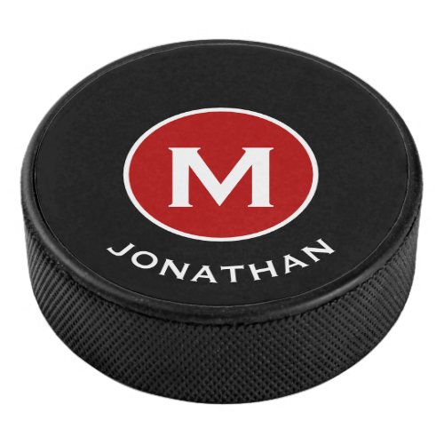 Simple Black Classic Red Monogram Name Hockey Puck