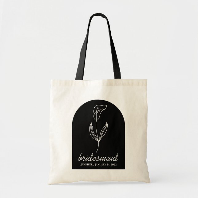 Simple Black Classy Botanical Lily Bridesmaid Tote Bag (Front)