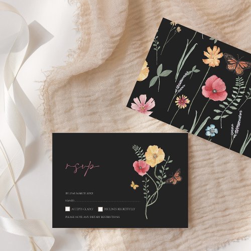 Simple Black Colorful Wildflower Floral Wedding RSVP Card